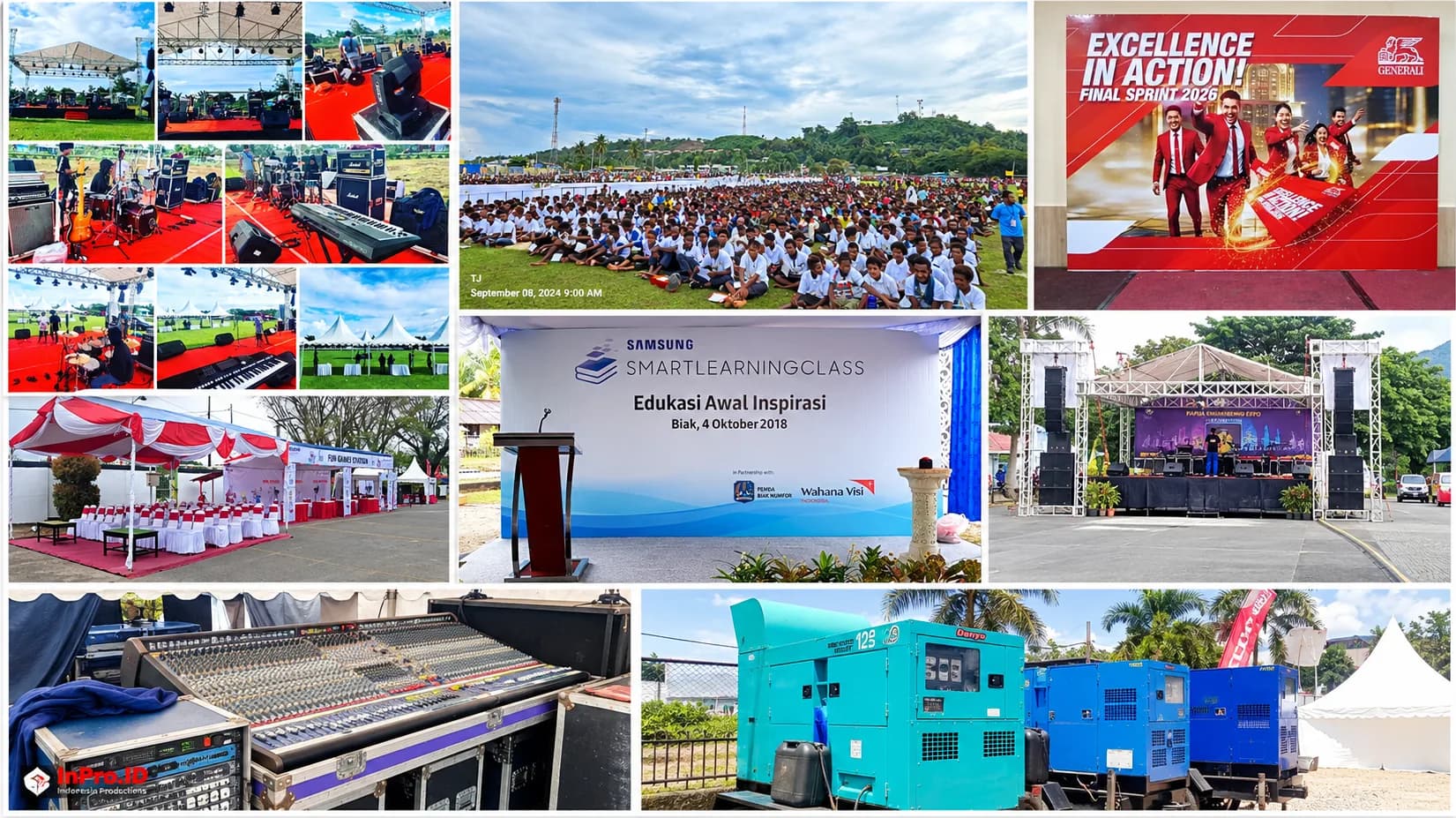 Kolase produksi Event Papua: panggung LED, sound, tenda VIP, dan event korporat di Papua